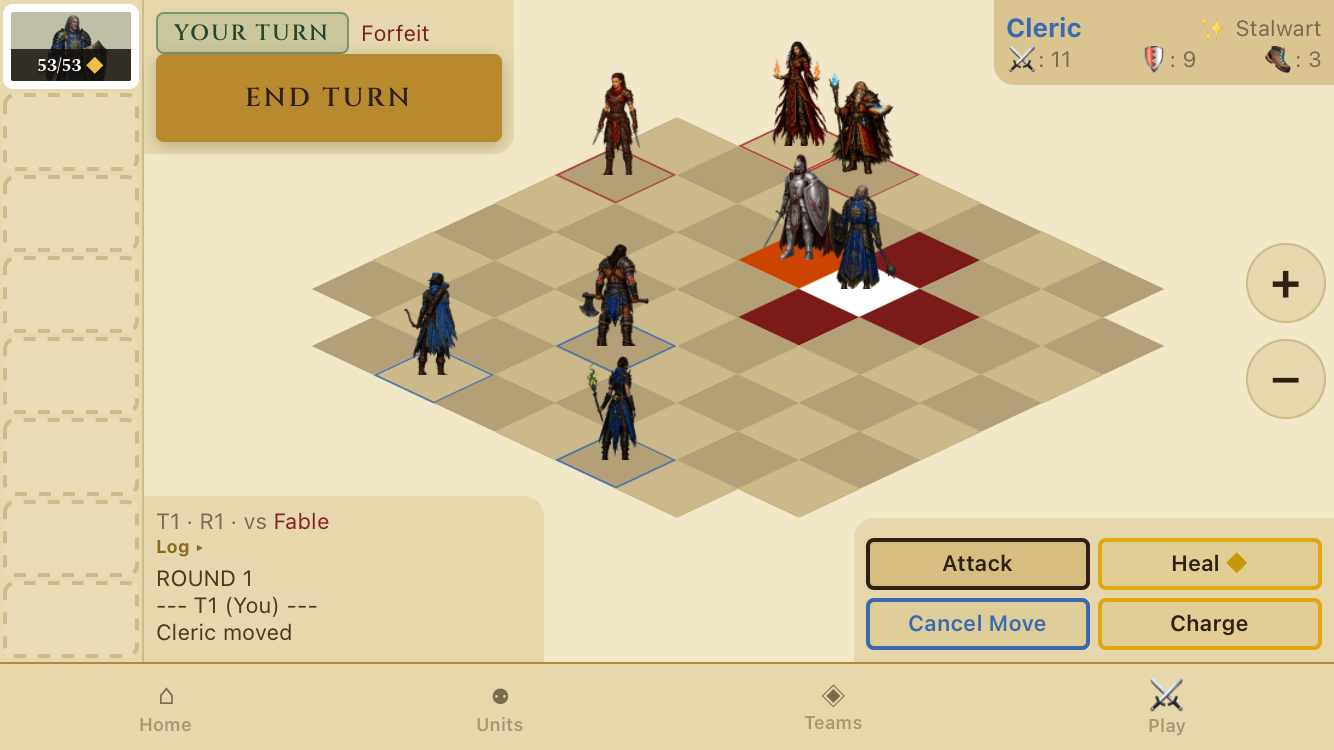 A duel in progress on the 8×8 board